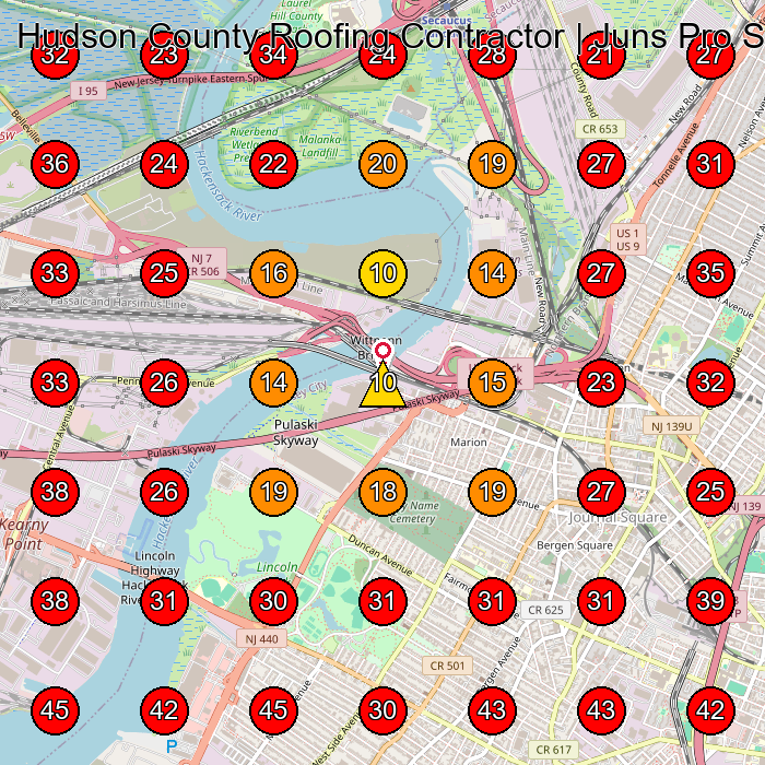 Hudson County Roofing Contractor | Juns Pro Services GeoGrid visibility map for Roofing Contractor in Jersey City